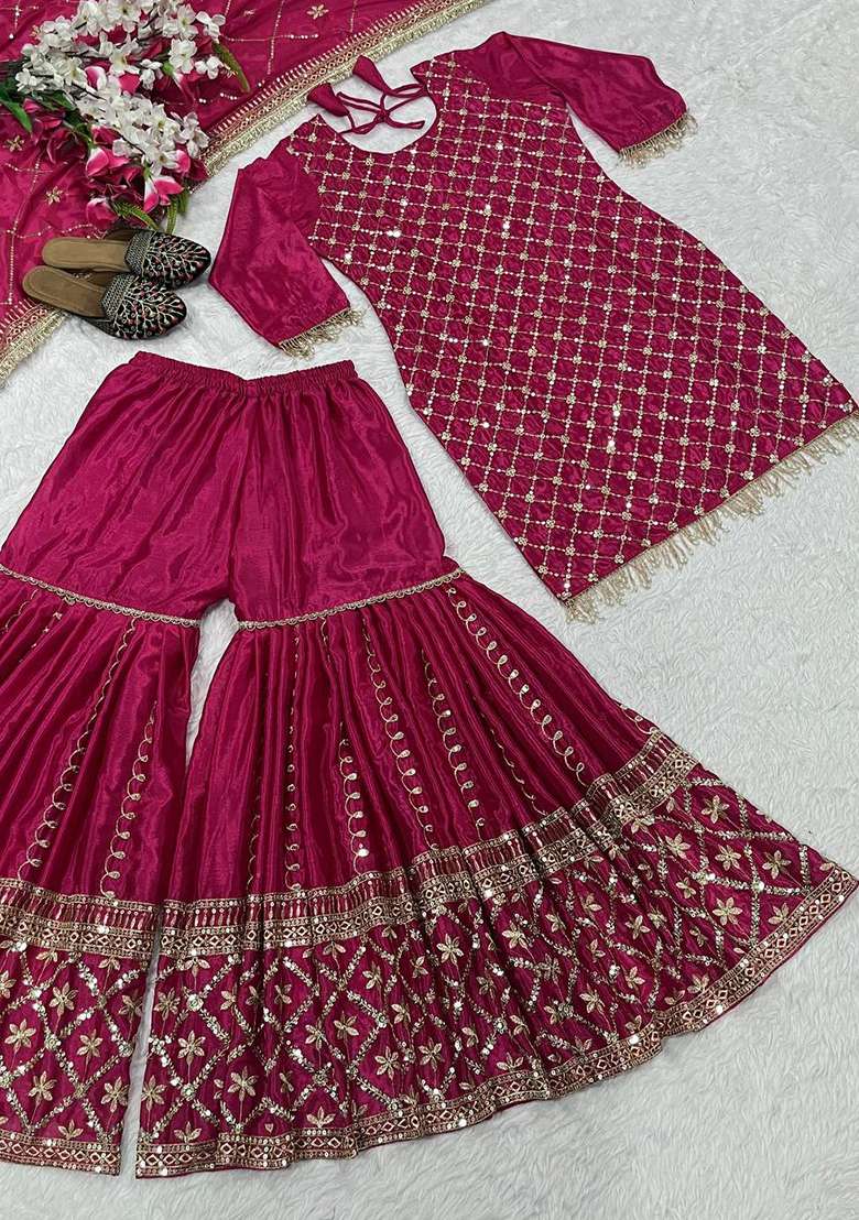 Rani Pink Embroidery Chinon Kurta Set - Indya