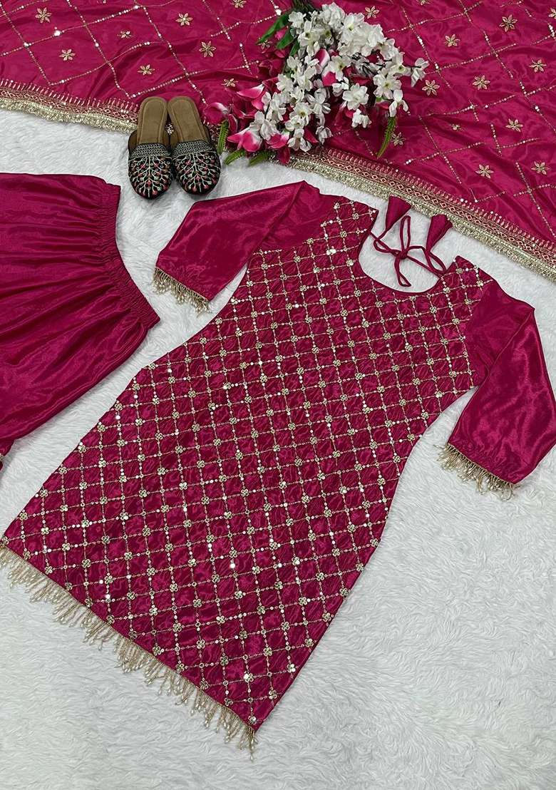 Rani Pink Embroidery Chinon Kurta Set - Indya
