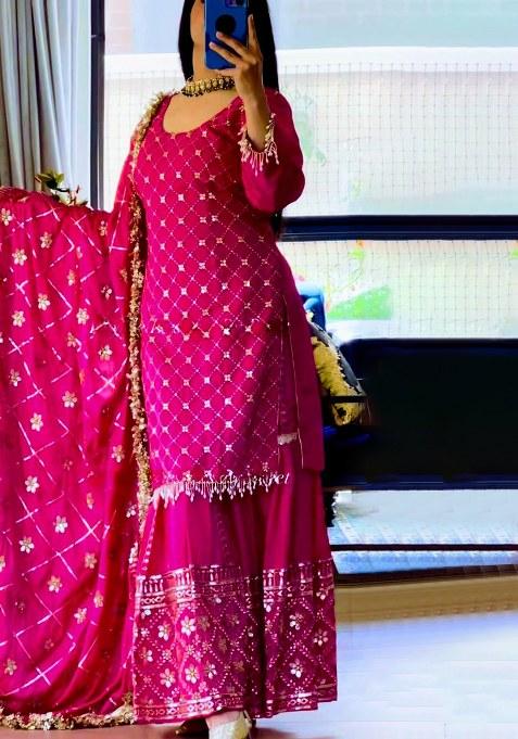 Rani Pink Embroidery Chinon Kurta Set