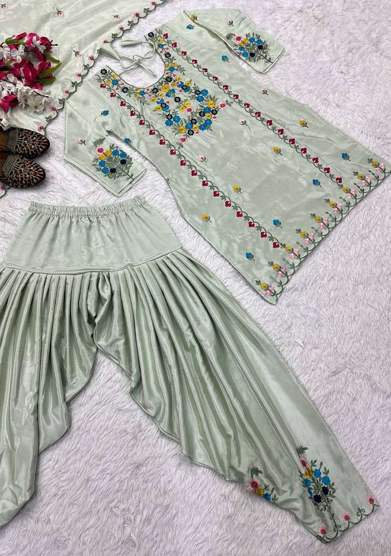 Mint Green Embroidery Chinon Kurta Set - Indya