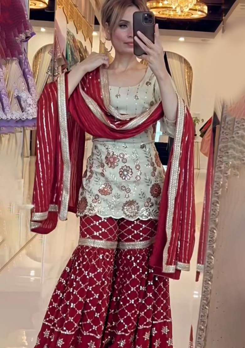 White Embroidery Chinon Kurta Set - Indya