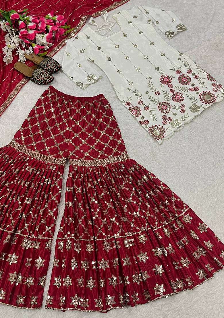 White Embroidery Chinon Kurta Set - Indya