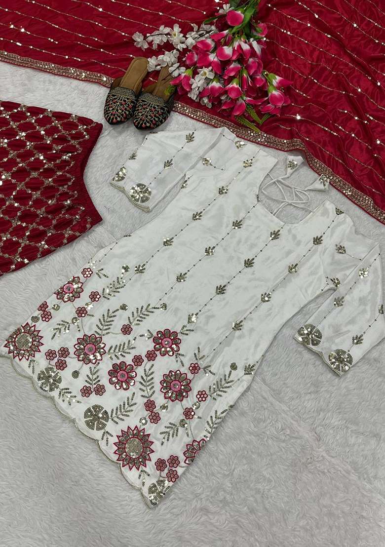 White Embroidery Chinon Kurta Set - Indya