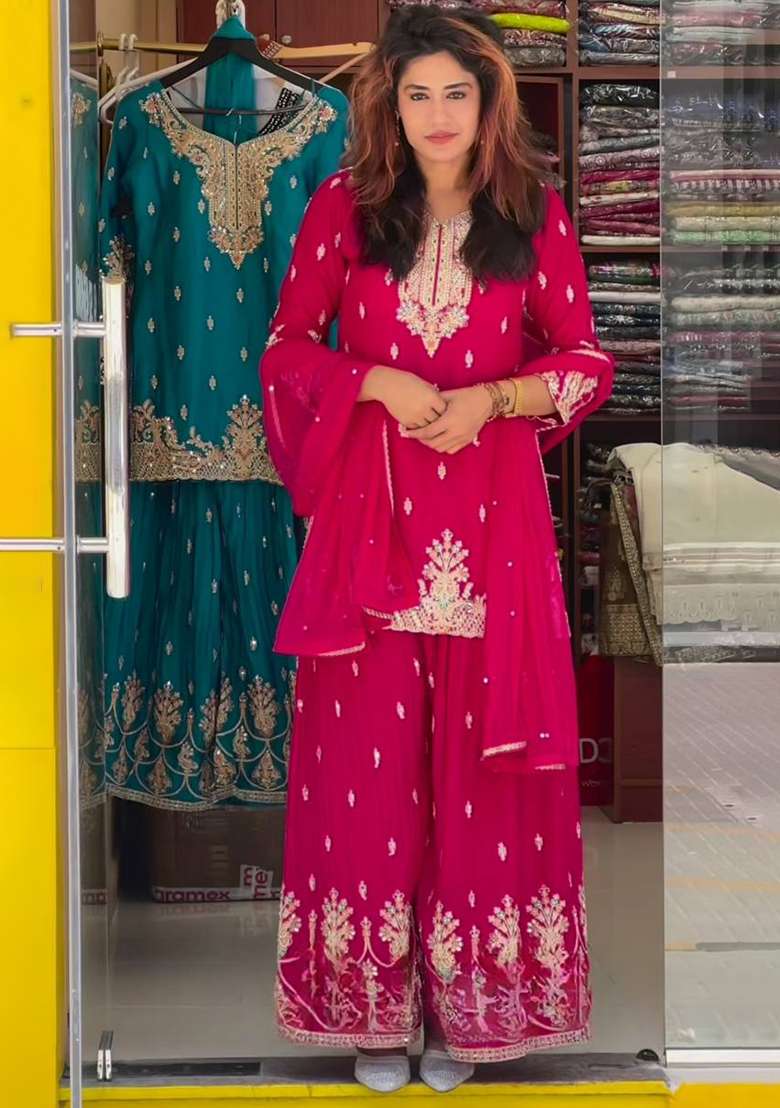Cherry Red Embroidery Chinon Kurta Set - Indya