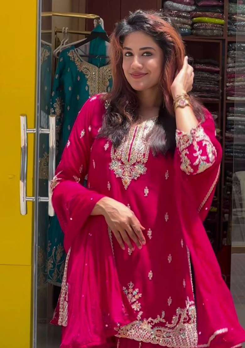 Cherry Red Embroidery Chinon Kurta Set - Indya