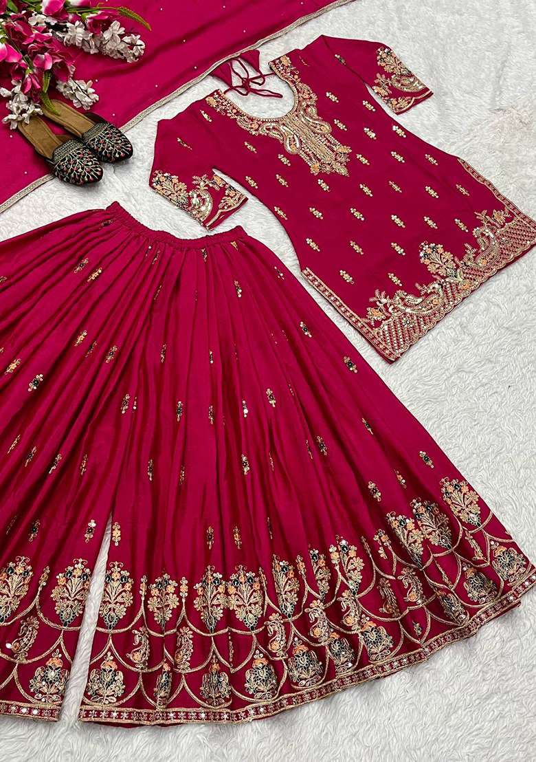 Cherry Red Embroidery Chinon Kurta Set - Indya