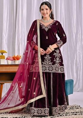 Wine Embroidery Viscose Velvet Kurta Set