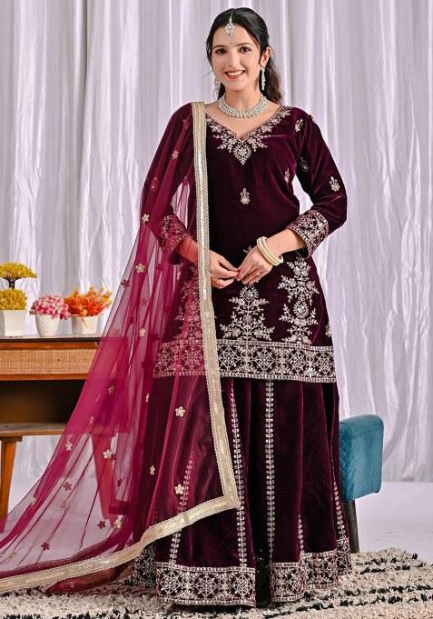 Wine Embroidery Viscose Velvet Kurta Set