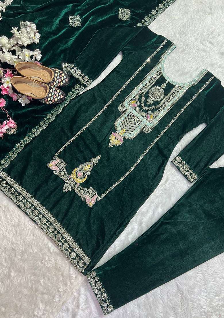 Dark Green Embroidery Viscose Velvet Kurta Set - Indya