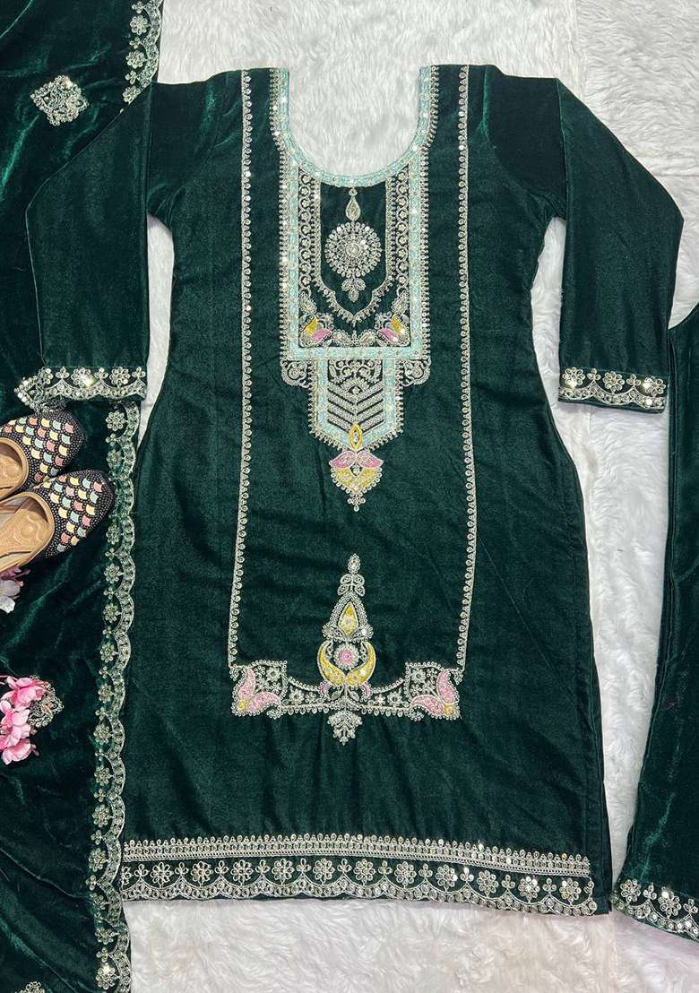 Dark Green Embroidery Viscose Velvet Kurta Set - Indya