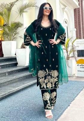 Dark Green Embroidery Viscose Velvet Kurta Set
