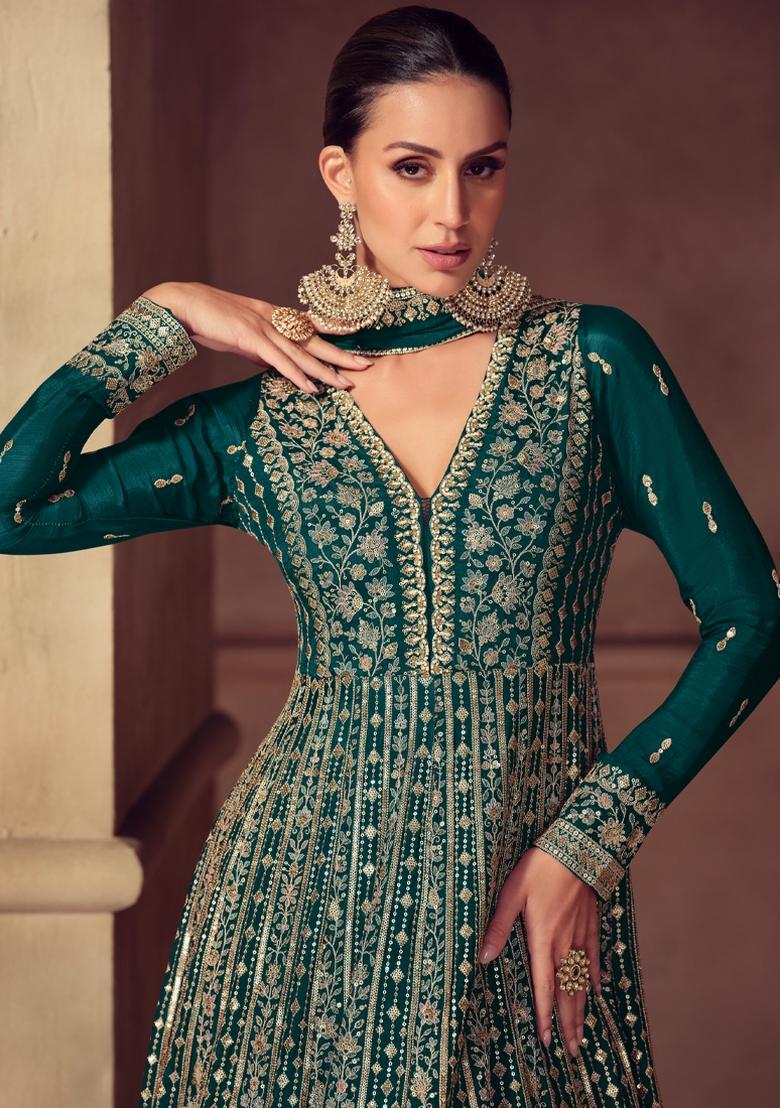 Teal Blue Embroidery Chinon Anarkali Set - Indya
