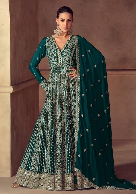 Teal Blue Embroidery Chinon Anarkali Set