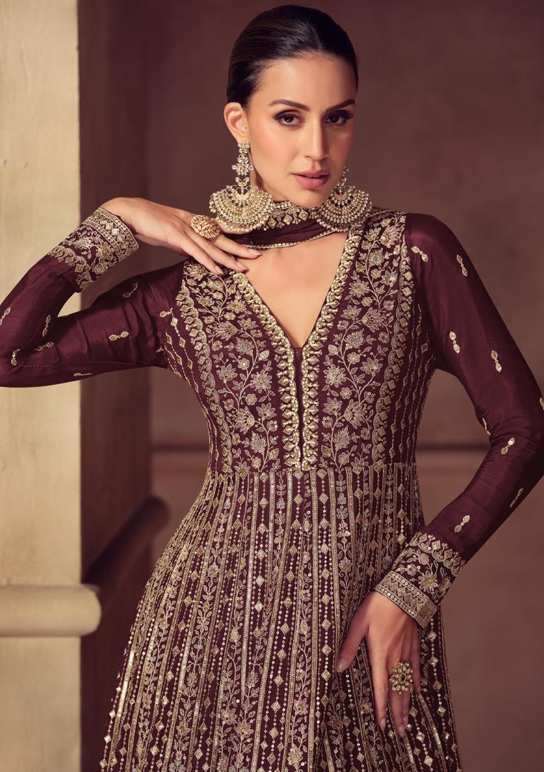 Dark Brown Embroidery Chinon Anarkali Set - Indya