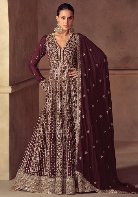 Dark Brown Embroidery Chinon Anarkali Set