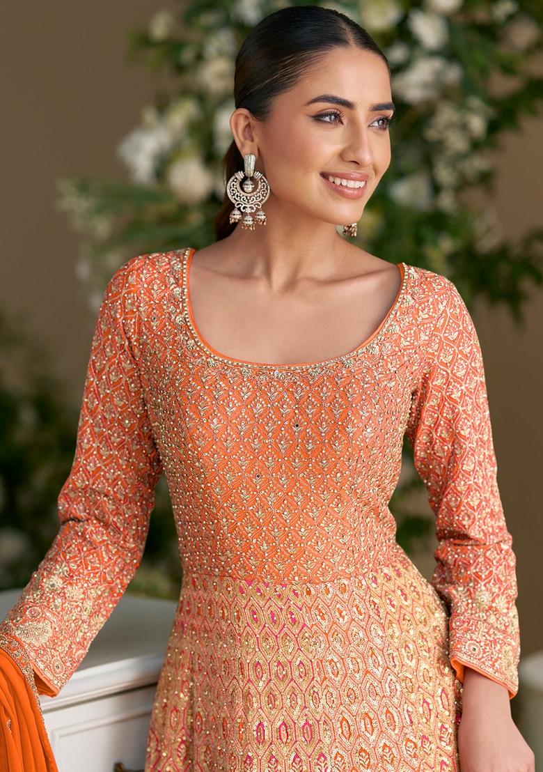 Orange Embroidery Georgette Anarkali Set - Indya