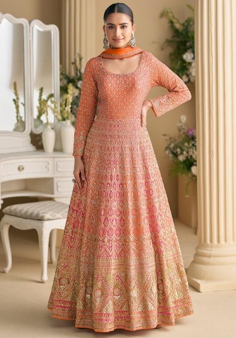Orange Embroidery Georgette Anarkali Set
