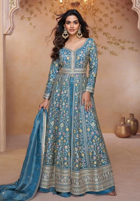 Sky Blue Embroidery Simmer Anarkali Set