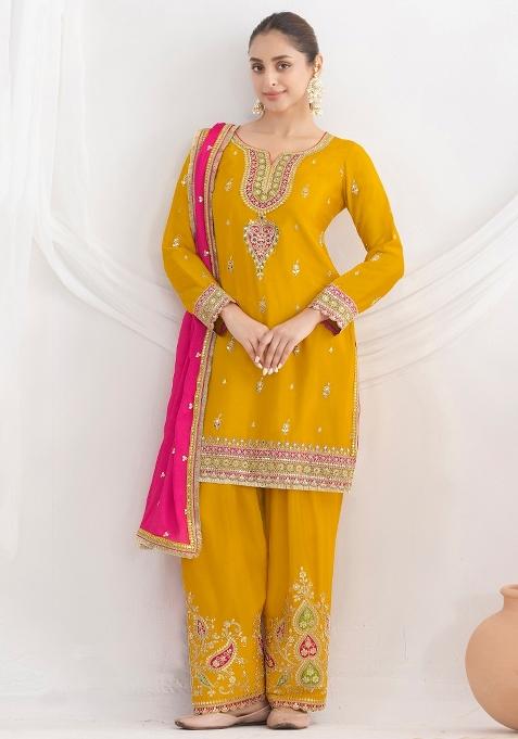 Yellow Embroidery Chinon Salwar Suit