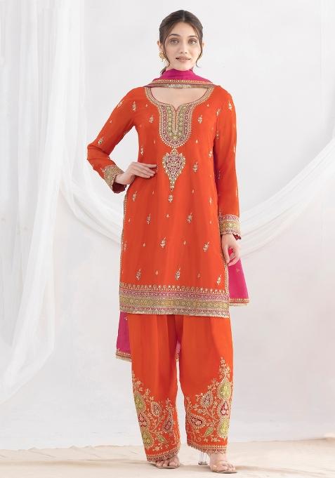 Orange Embroidery Chinon Salwar Suit
