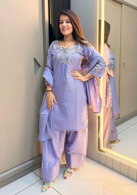 Lavender Embroidery Natural Creap Salwar Suit
