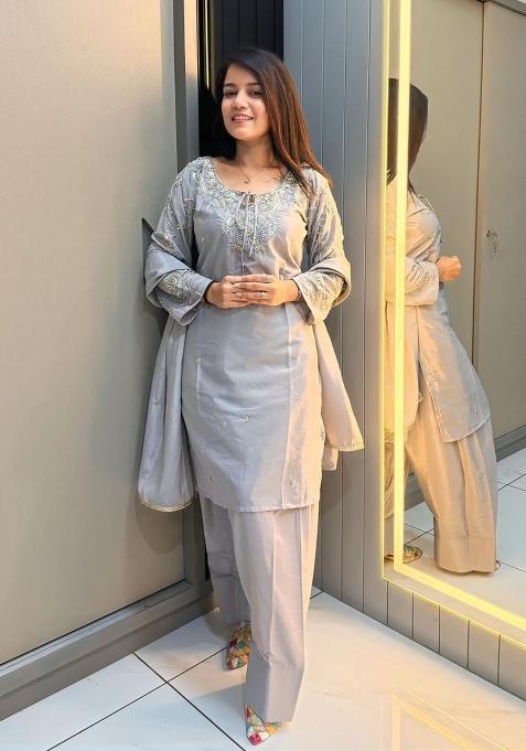 Grey Embroidery Natural Creap Salwar Suit