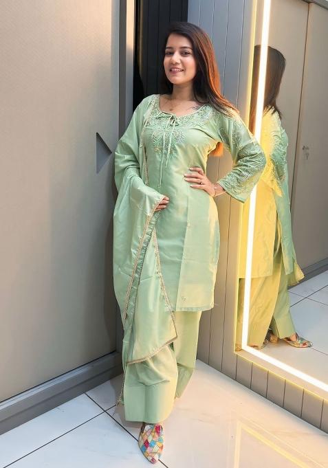 Pista Green Embroidery Natural Creap Salwar Suit