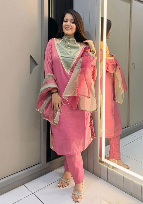 Pink Embroidery Roman Simmer Salwar Suit