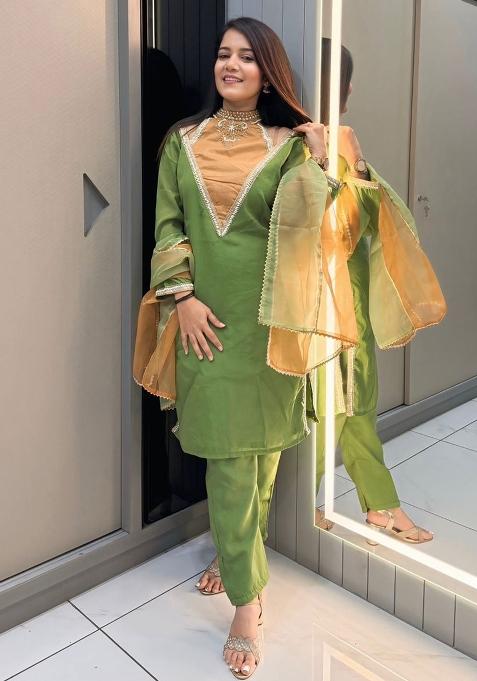 Green Embroidery Roman Simmer Salwar Suit