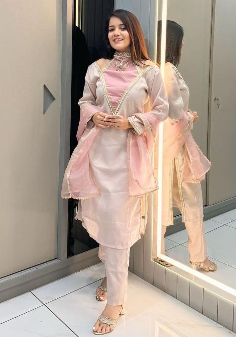 Baby Pink Embroidery Roman Simmer Salwar Suit