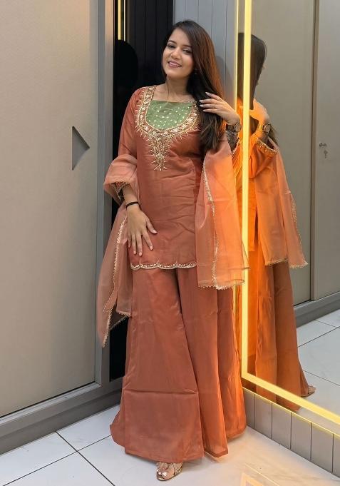 Orange Embroidery Roman Simmer Salwar Suit