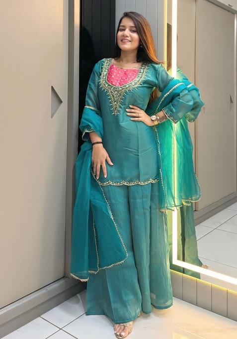 Aqua Blue Embroidery Roman Simmer Salwar Suit