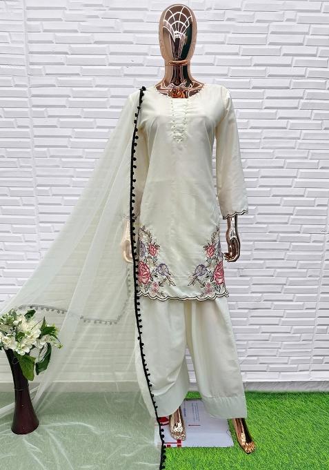White Embroidery Natural Creap Salwar Suit
