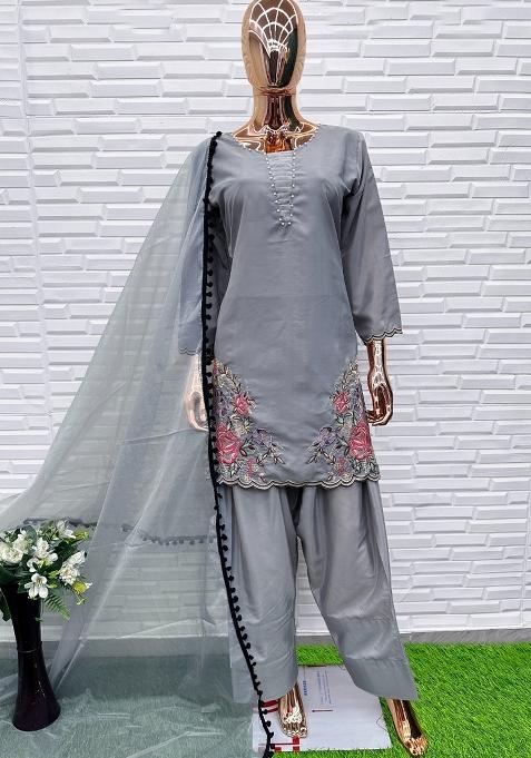 Grey Embroidery Natural Creap Salwar Suit