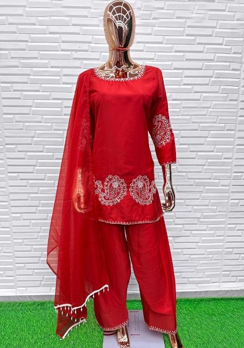 Red Embroidery Natural Creap Salwar Suit