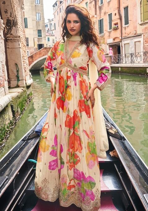 White Printed Chinon Anarkali Set