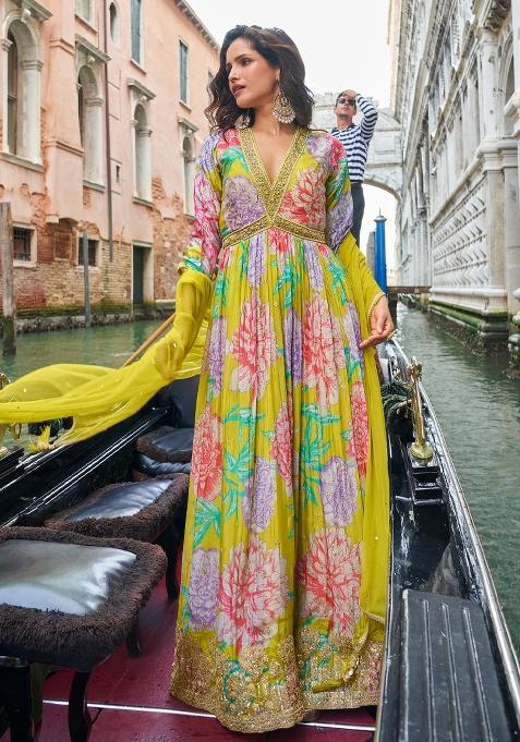 Parrot Green Printed Chinon Anarkali Set