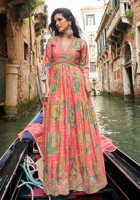 Pink Printed Chinon Anarkali Set