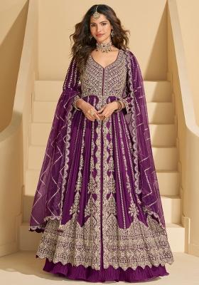 Wine Embroidery Chinon Anarkali Set