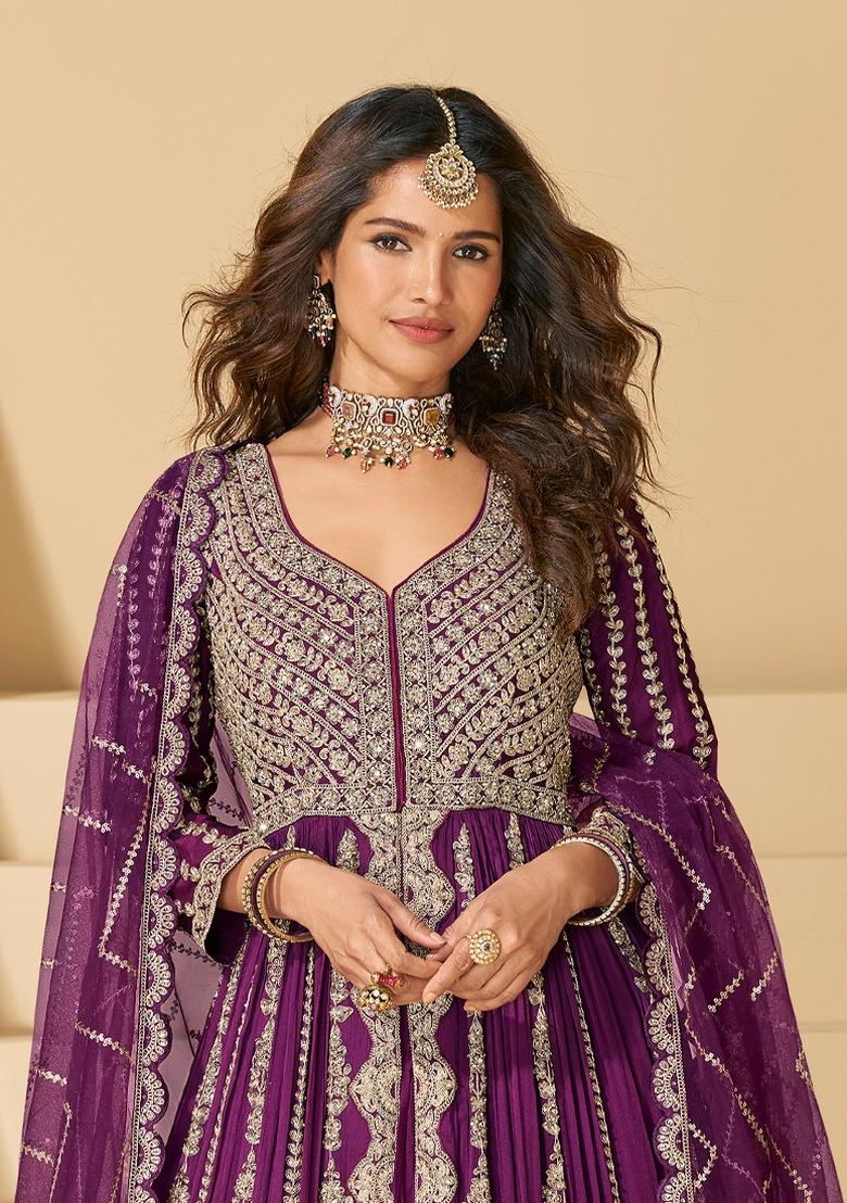 Wine Embroidery Chinon Anarkali Set - Indya