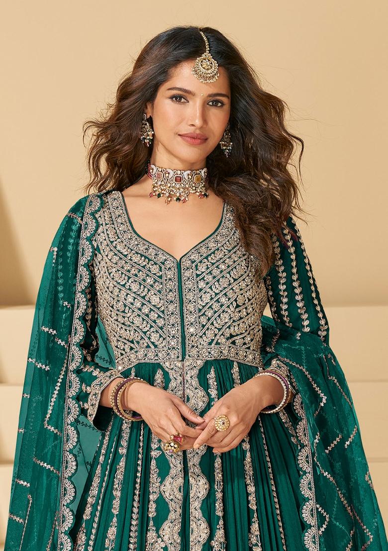 Green Embroidery Chinon Anarkali Set - Indya