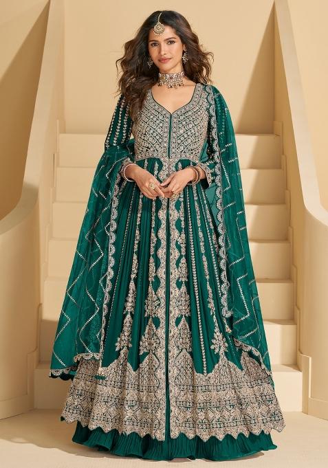 Green Embroidery Chinon Anarkali Set