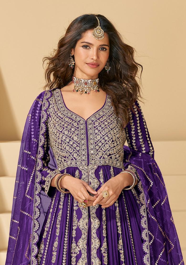 Purple Embroidery Chinon Anarkali Set - Indya