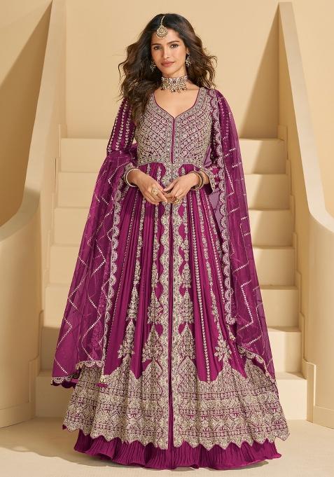 Magenta Embroidery Chinon Anarkali Set