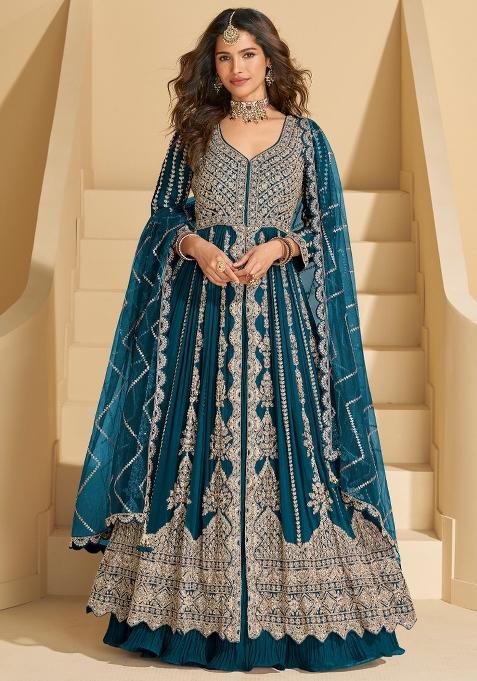 Blue Embroidery Chinon Anarkali Set