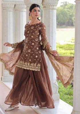 Coffee Sequnce Emroidery Work Silk Kurta Set