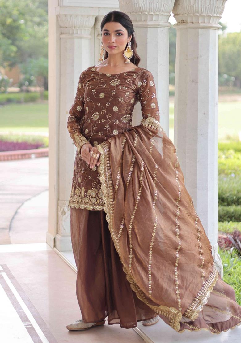 Coffee Sequnce Emroidery Work Silk Kurta Set - Indya