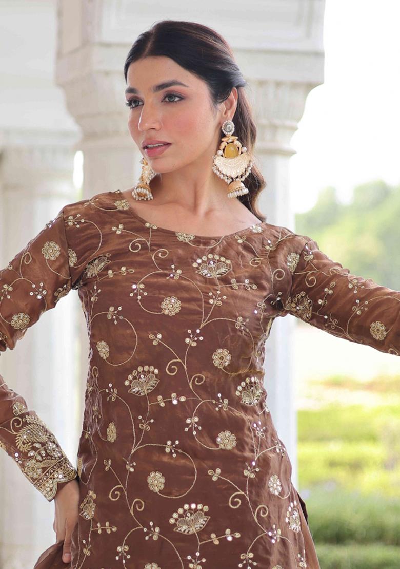 Coffee Sequnce Emroidery Work Silk Kurta Set - Indya