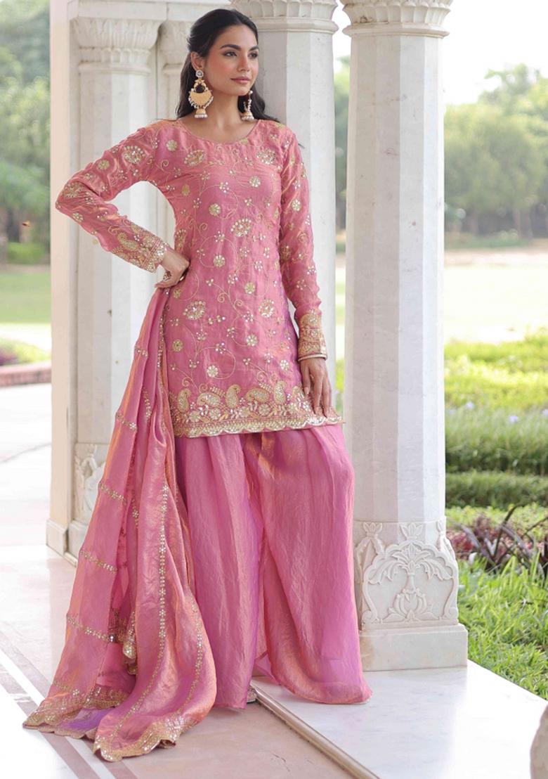 Pink Sequnce Emroidery Work Silk Kurta Set - Indya
