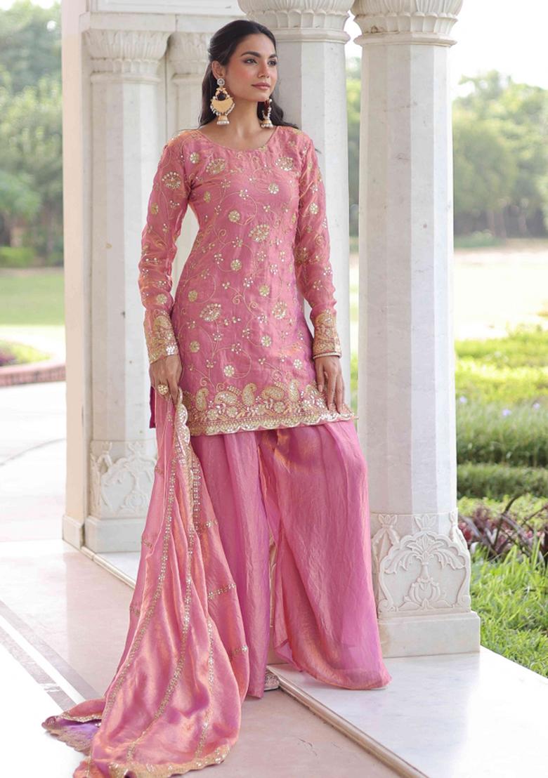 Pink Sequnce Emroidery Work Silk Kurta Set - Indya